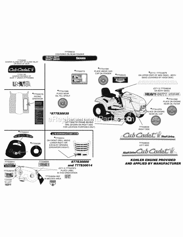 Label Map Diagram and Parts List for LT2138 13A-214F710 Cub Cadet Lawn Tractor